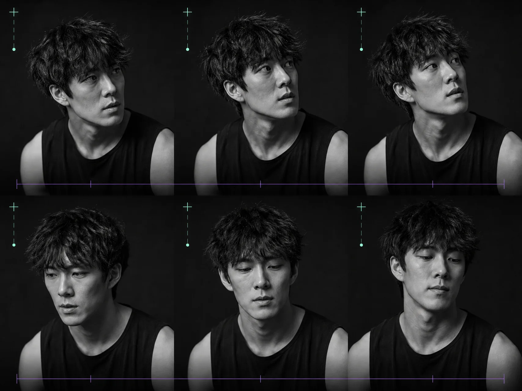 Six-frame facial performance contact sheet