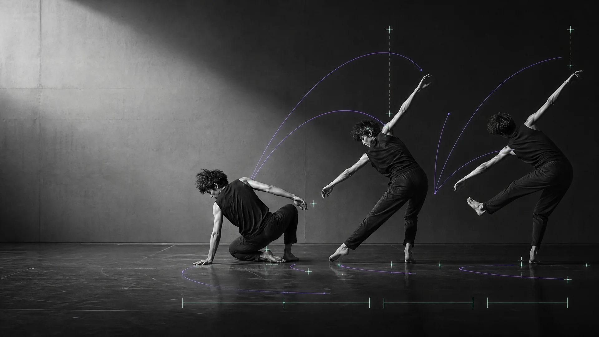 Movement performer across a monochrome motion score