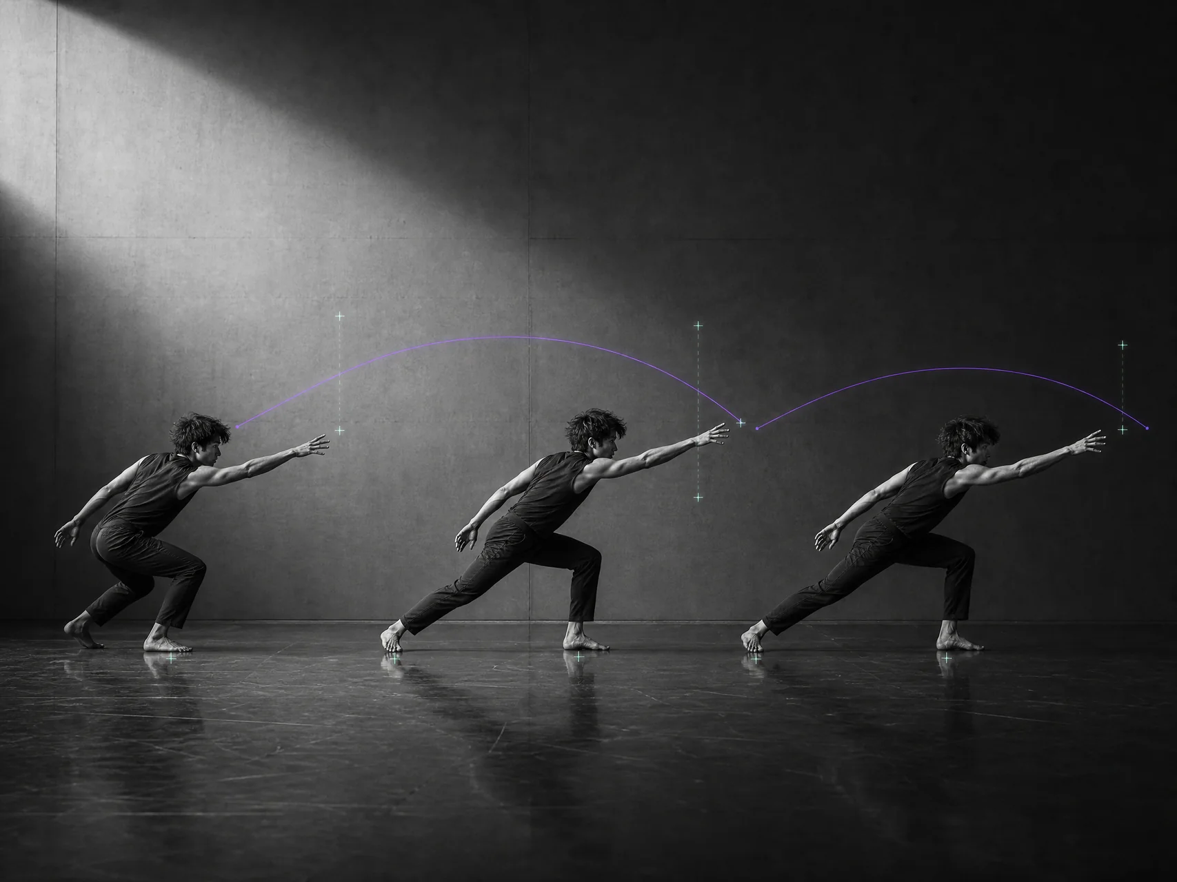 Performer executing a decisive reach across three frames